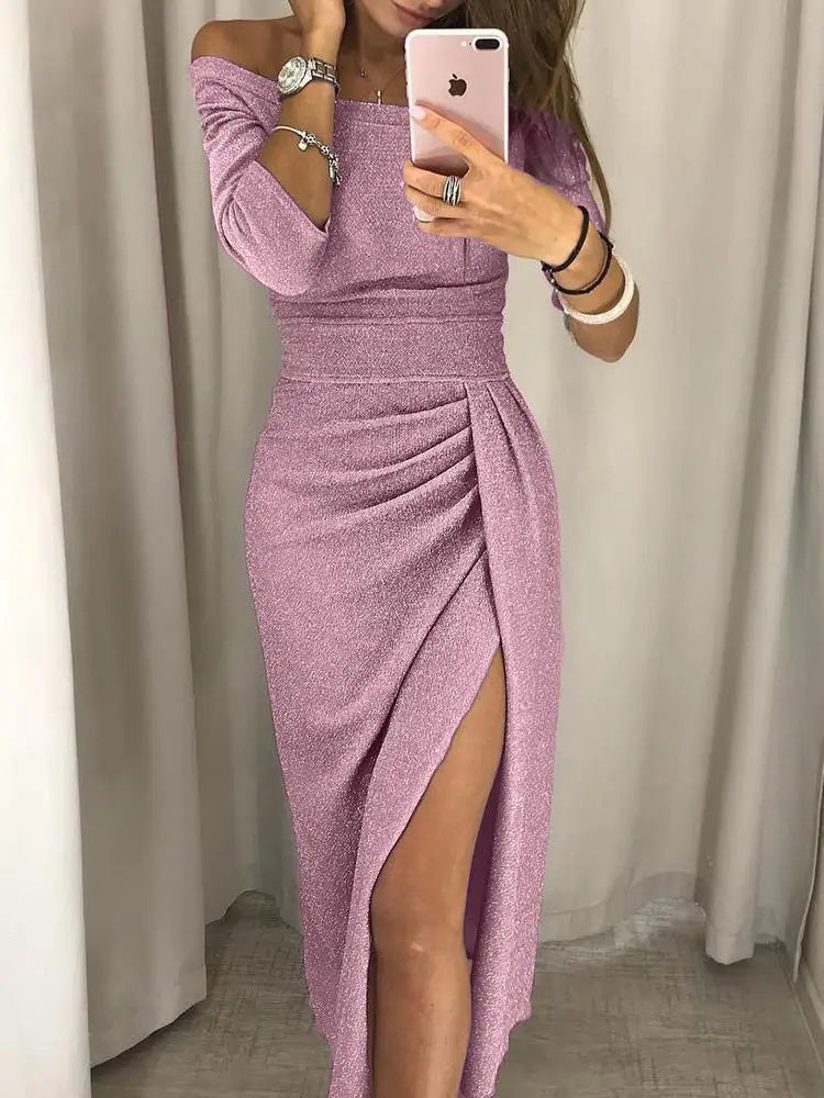Giulia | Women's Wedding Guest Elegant Shimmer Off-Shoulder Wrap Midi Dress Dresses — Pink