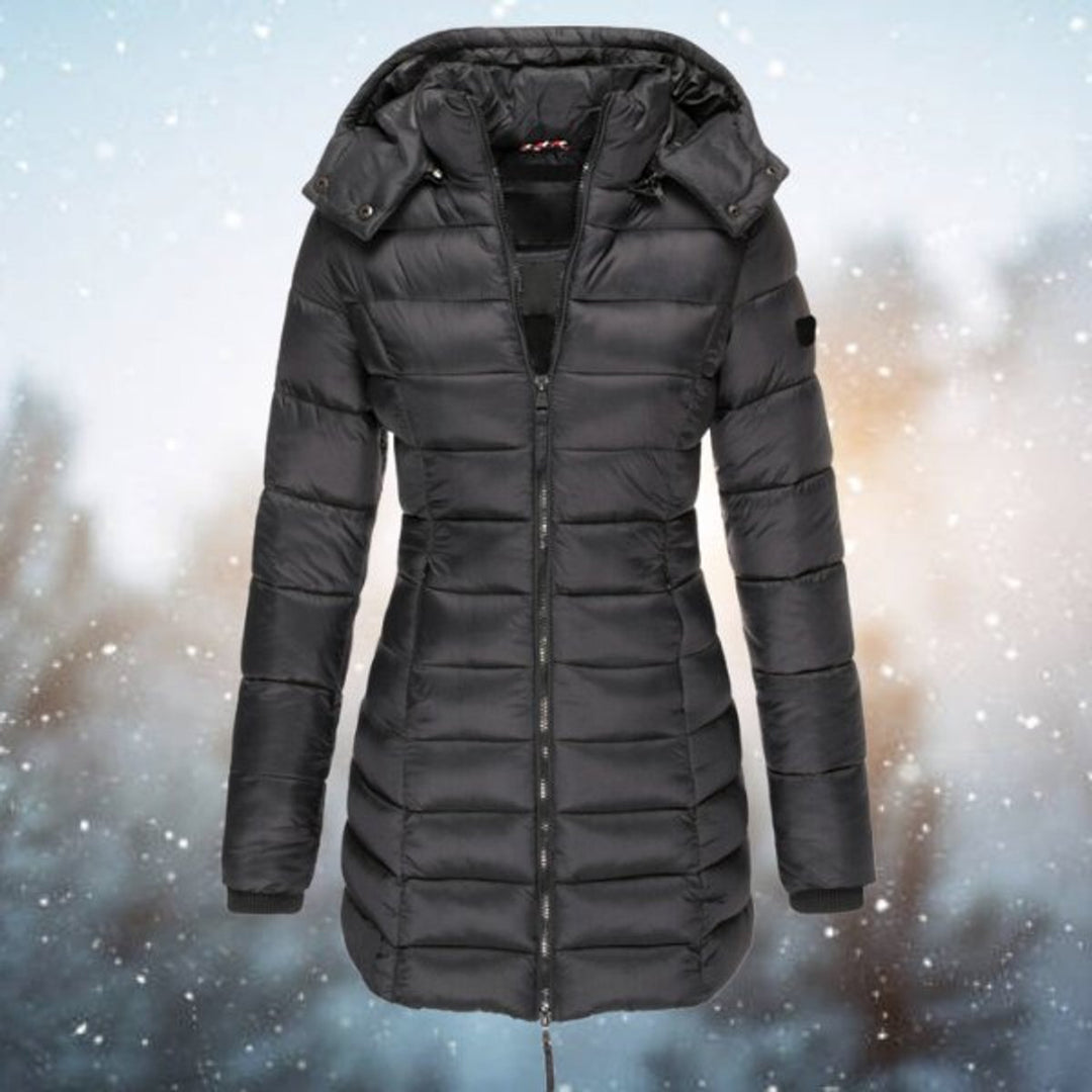 Gwenienne | Women's Casual Stretch Hooded Quilted Puffer Longline Coat — Black
