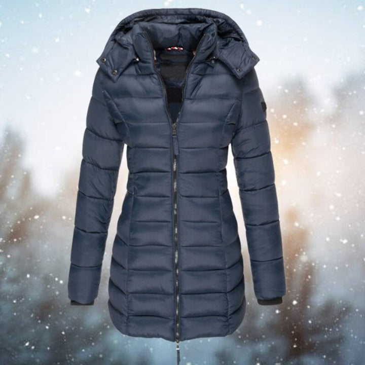 Gwenienne | Women's Casual Stretch Hooded Quilted Puffer Longline Coat — Navy Blue
