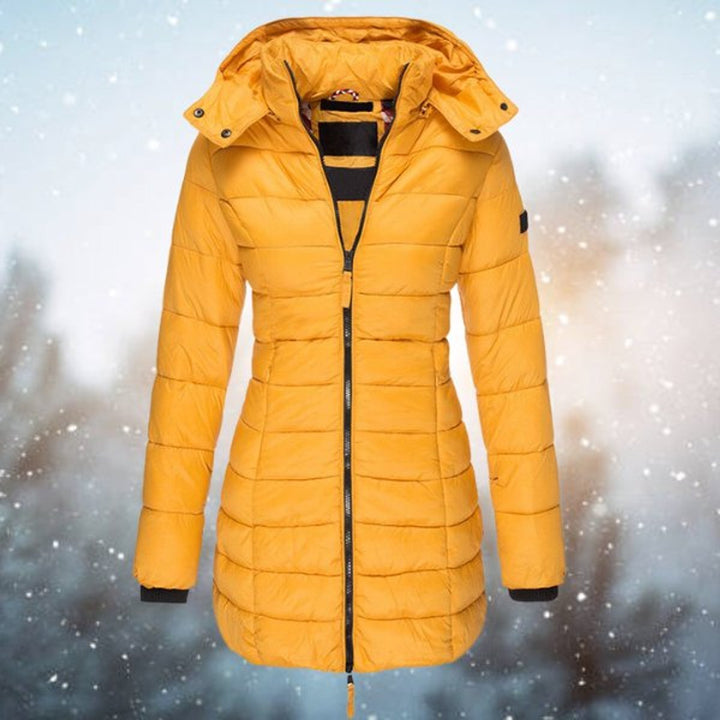 Gwenienne | Women's Casual Stretch Hooded Quilted Puffer Longline Coat — Yellow