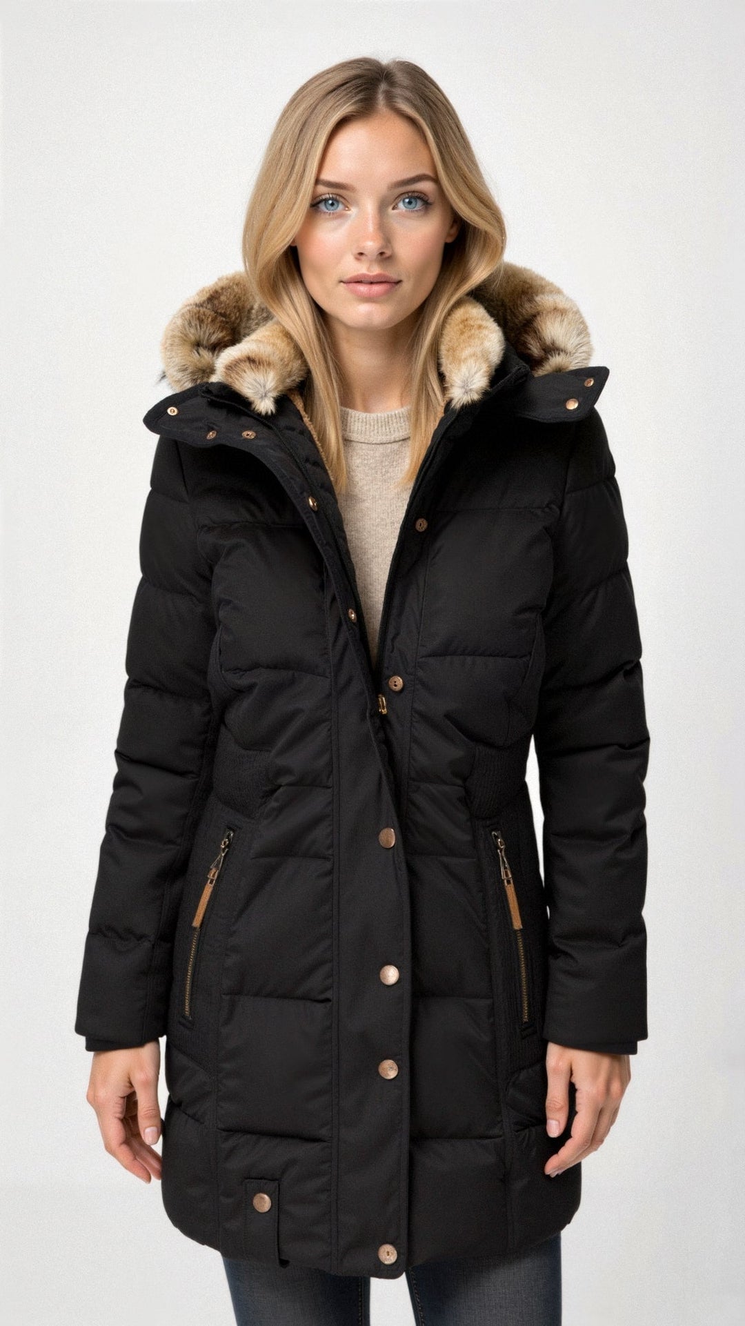Gwenlyn | Women's Hooded puff Jacket – Mid-Length Coat — 1
