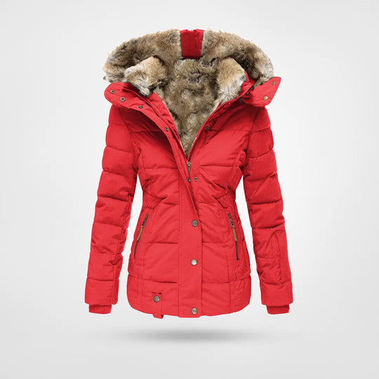 Gwenlyn | Women's Hooded puff Jacket – Mid-Length Coat — Red