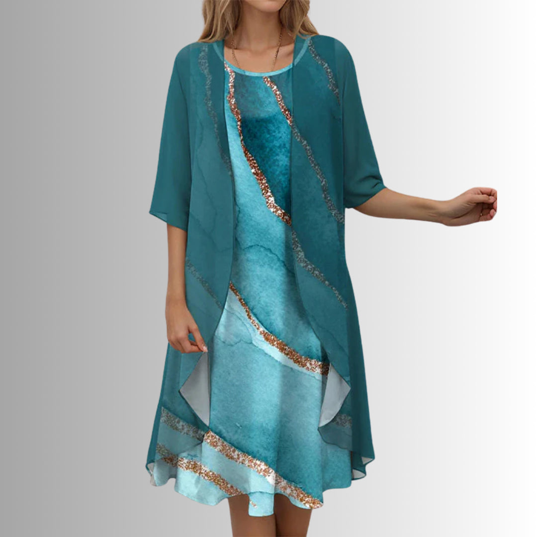 Gwenvanne | Women's Knit Cozy 2-Piece Dress Set with Floral Print Midi and Sheer Open Front Cardigan Sweaters — Blue Pattern