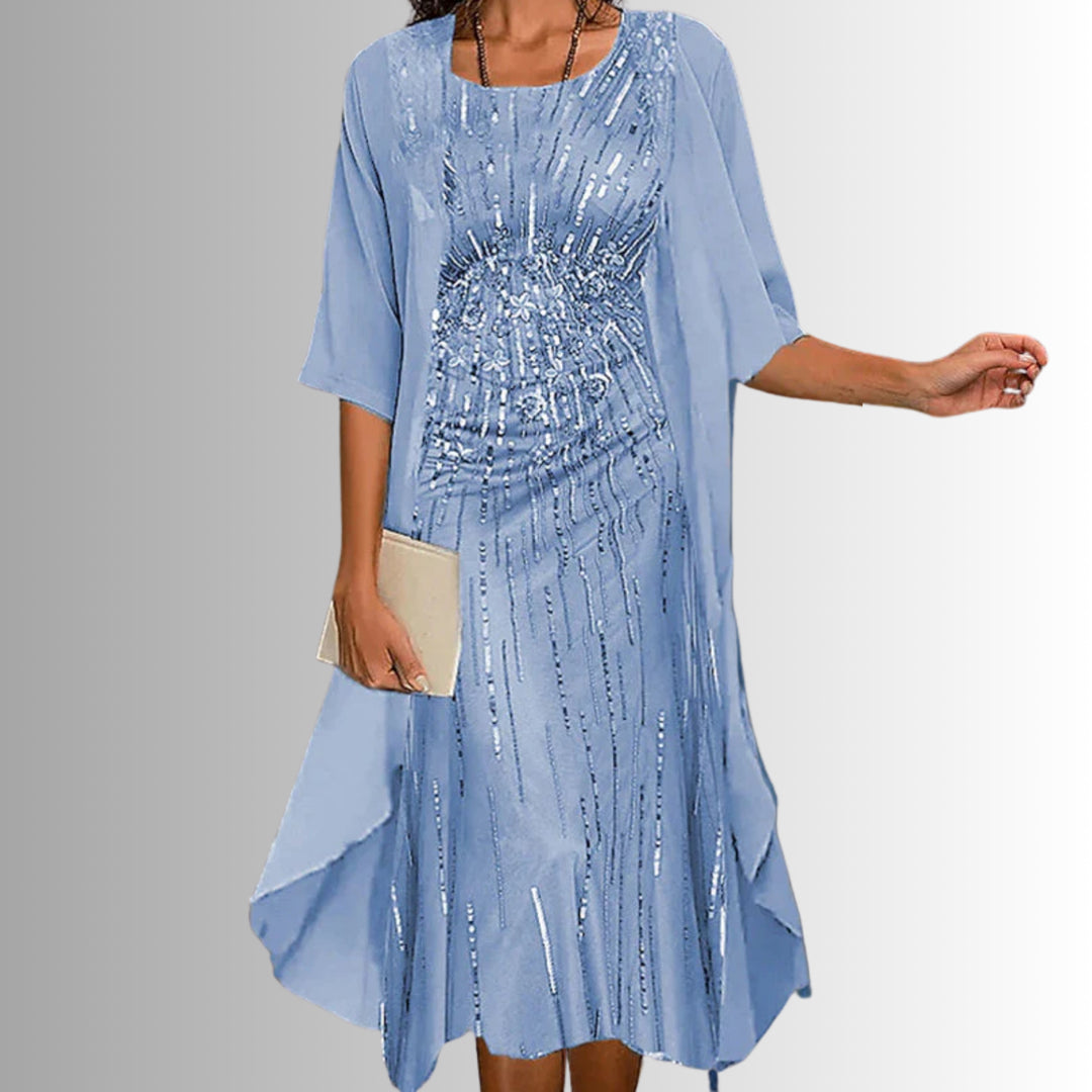 Gwenvanne | Women's Knit Cozy 2-Piece Dress Set with Floral Print Midi and Sheer Open Front Cardigan Sweaters — Blue