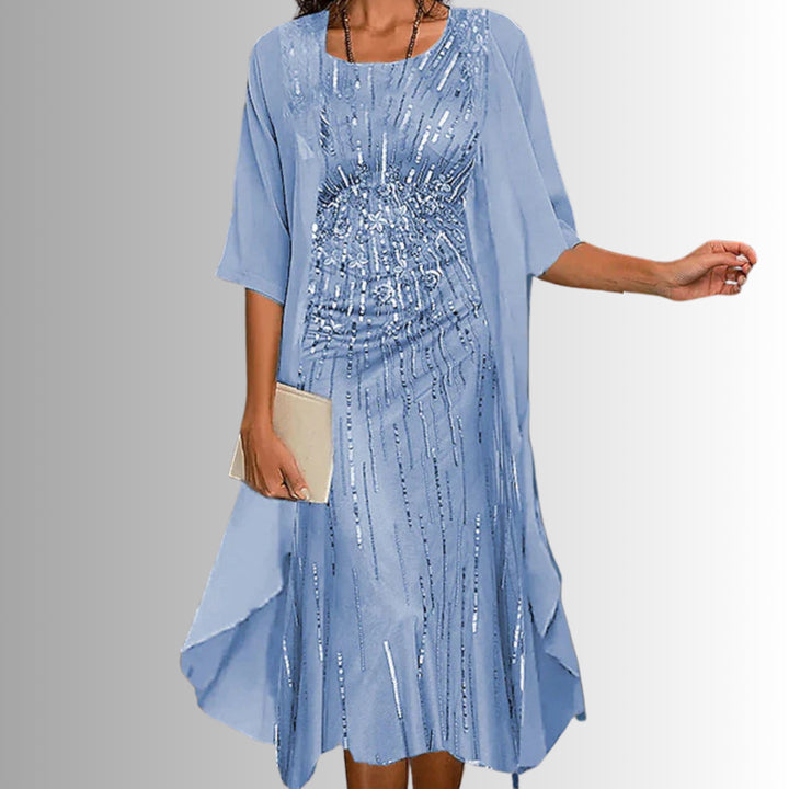 Gwenvanne | Women's Knit Cozy 2-Piece Dress Set with Floral Print Midi and Sheer Open Front Cardigan Sweaters — Blue