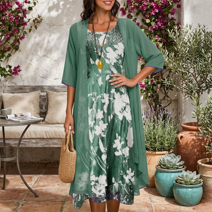 Gwenvanne | Women's Knit Cozy 2-Piece Dress Set with Floral Print Midi and Sheer Open Front Cardigan Sweaters — 1