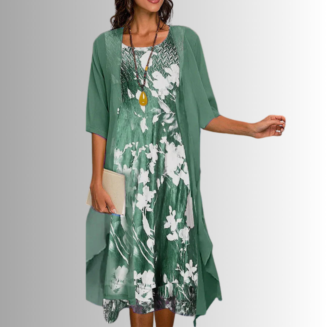 Gwenvanne | Women's Knit Cozy 2-Piece Dress Set with Floral Print Midi and Sheer Open Front Cardigan Sweaters — 2