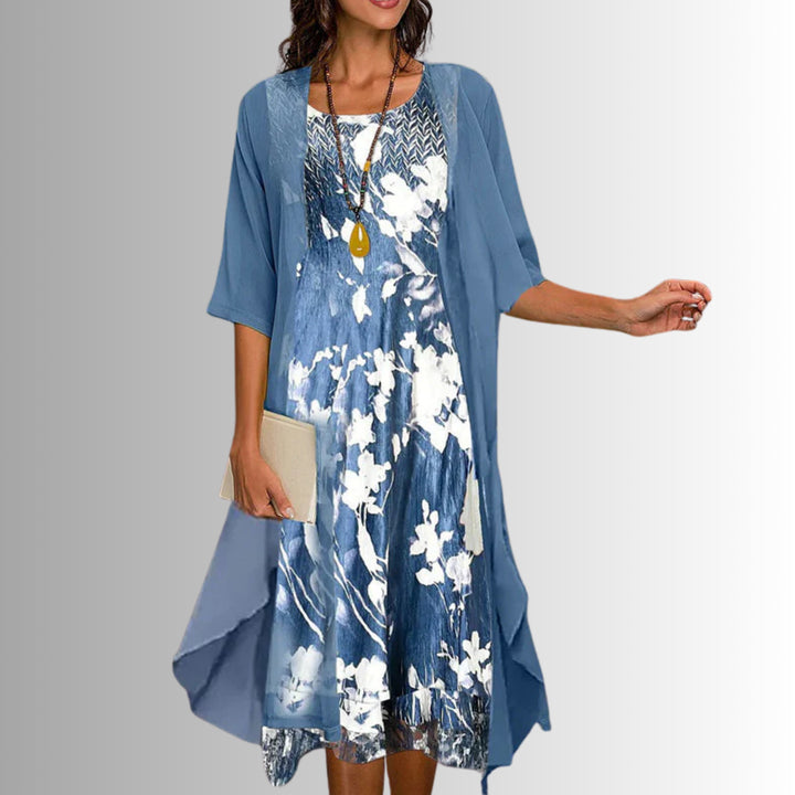 Gwenvanne | Women's Knit Cozy 2-Piece Dress Set with Floral Print Midi and Sheer Open Front Cardigan Sweaters — Floral Blue