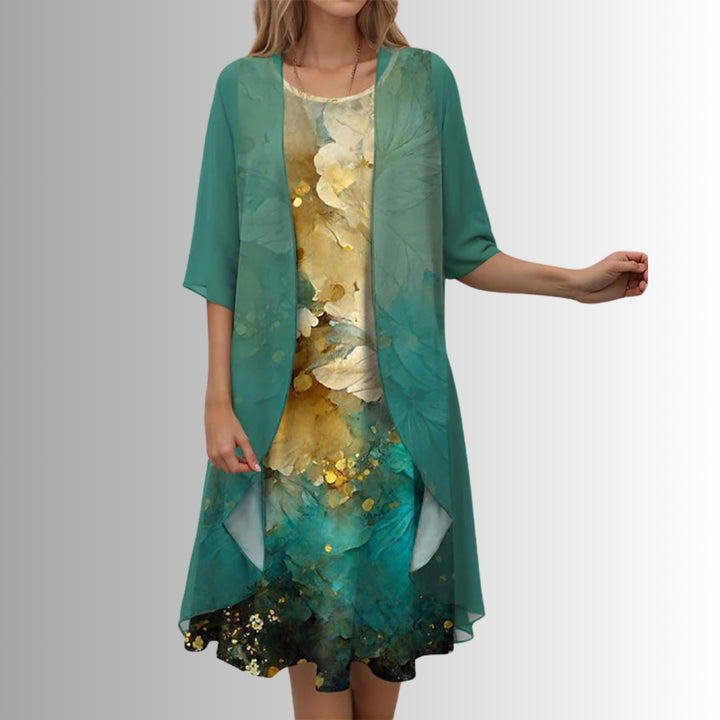 Gwenvanne | Women's Knit Cozy 2-Piece Dress Set with Floral Print Midi and Sheer Open Front Cardigan Sweaters — Green Pattern