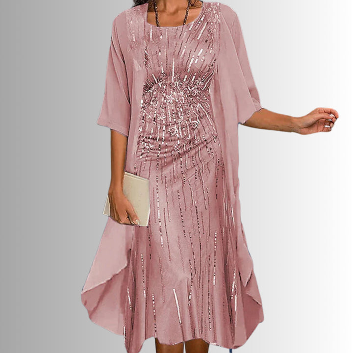 Gwenvanne | Women's Knit Cozy 2-Piece Dress Set with Floral Print Midi and Sheer Open Front Cardigan Sweaters — Pink