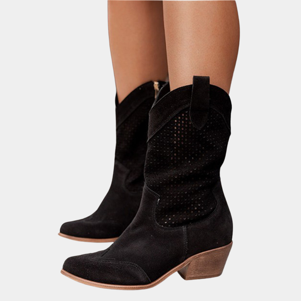 Halcyana | Women's Faux Suede Western Boots with Perforated Shaft and Side Zipper — Black