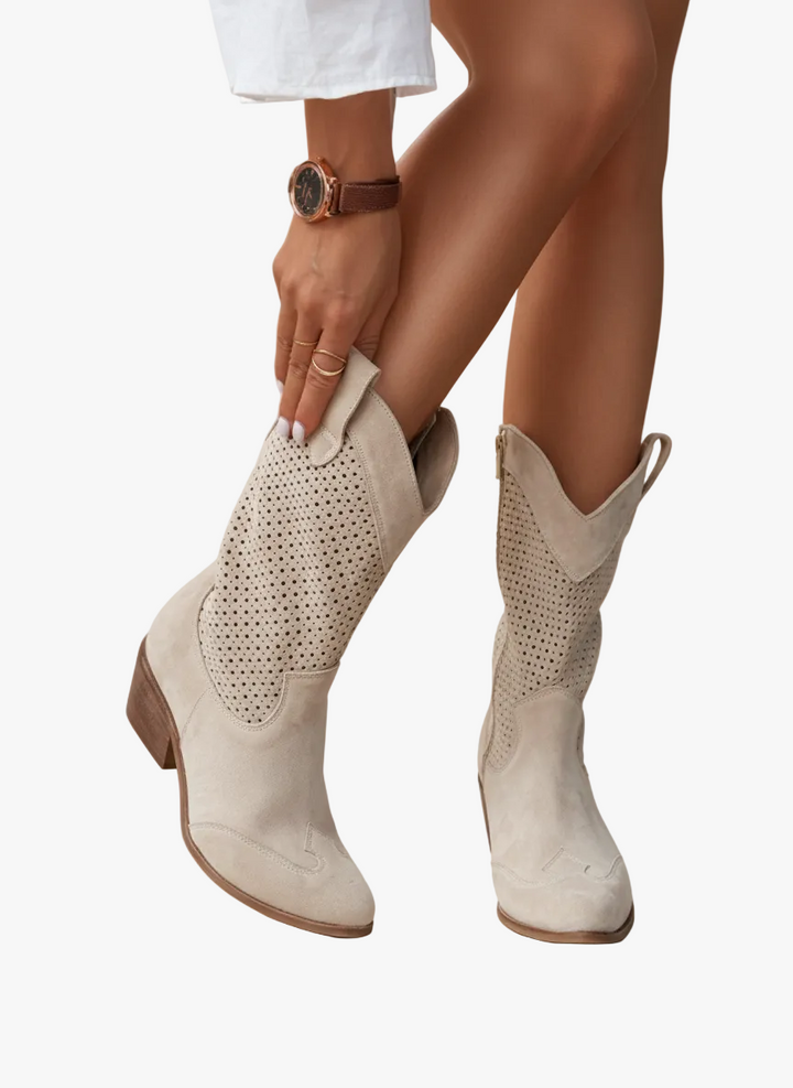 Halcyana | Women's Faux Suede Western Boots with Perforated Shaft and Side Zipper — 1