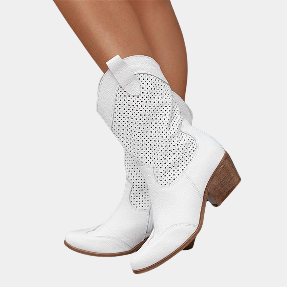 Halcyana | Women's Faux Suede Western Boots with Perforated Shaft and Side Zipper — White
