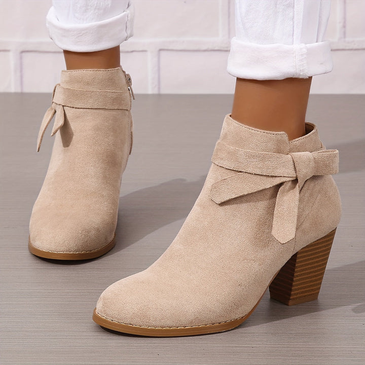 Halcydessa | Women's Feminine Pointed Toe Block Heel Ankle Boots — Beige