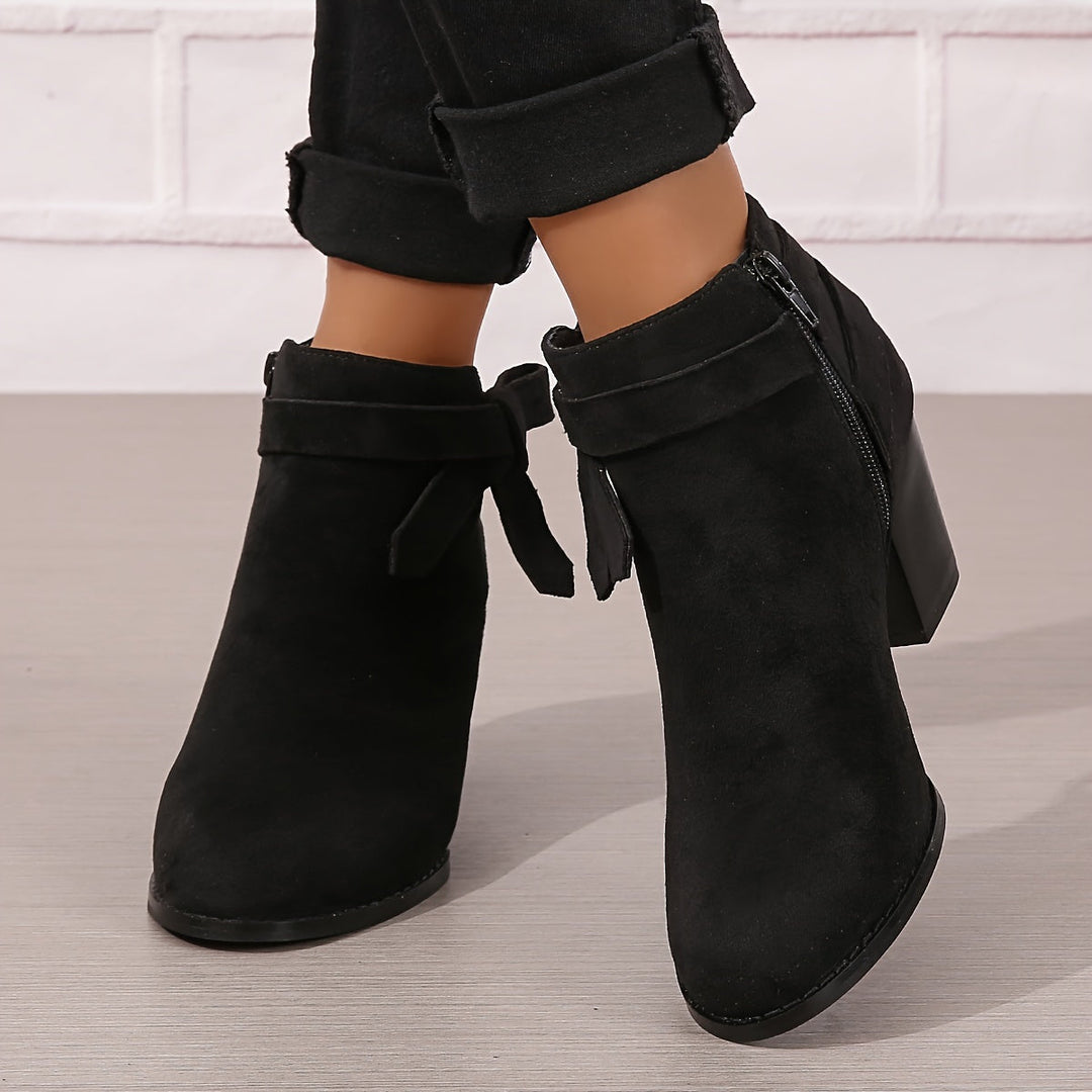 Halcydessa | Women's Feminine Pointed Toe Block Heel Ankle Boots — Black