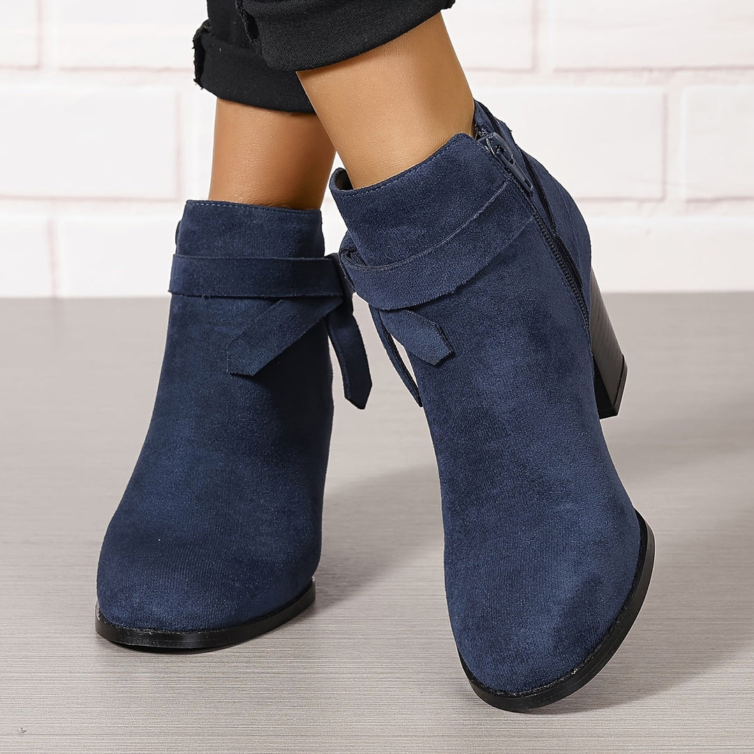Halcydessa | Women's Feminine Pointed Toe Block Heel Ankle Boots — Blue
