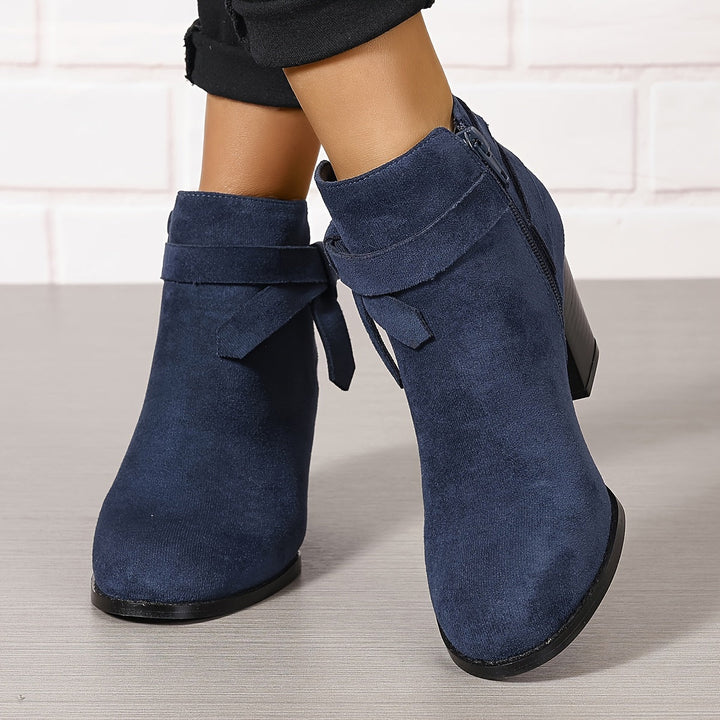 Halcydessa | Women's Feminine Pointed Toe Block Heel Ankle Boots — Blue