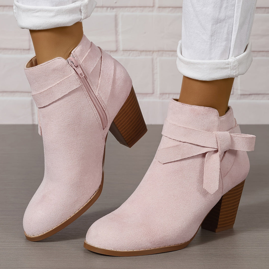 Halcydessa | Women's Feminine Pointed Toe Block Heel Ankle Boots — Pink