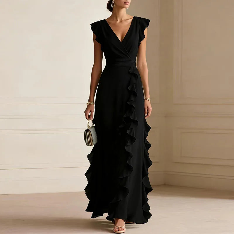 Halcydora | Women's Wedding Guest Elegant Deep V-Neck Ruffle Trim Maxi Dress Dresses — Black