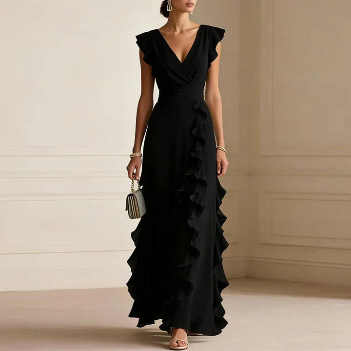 Halcydora | Women's Wedding Guest Elegant Deep V-Neck Ruffle Trim Maxi Dress Dresses — Black