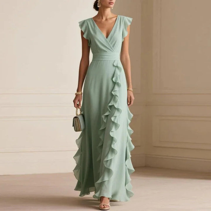 Halcydora | Women's Wedding Guest Elegant Deep V-Neck Ruffle Trim Maxi Dress Dresses — 1
