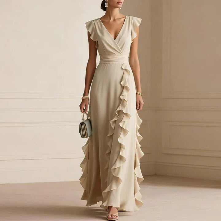 Halcydora | Women's Wedding Guest Elegant Deep V-Neck Ruffle Trim Maxi Dress Dresses — 2