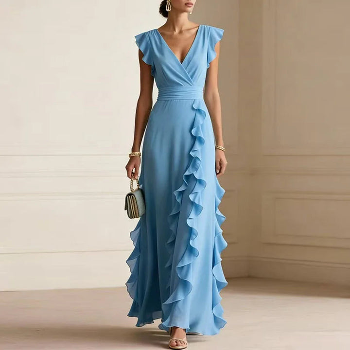 Halcydora | Women's Wedding Guest Elegant Deep V-Neck Ruffle Trim Maxi Dress Dresses — Sky Blue
