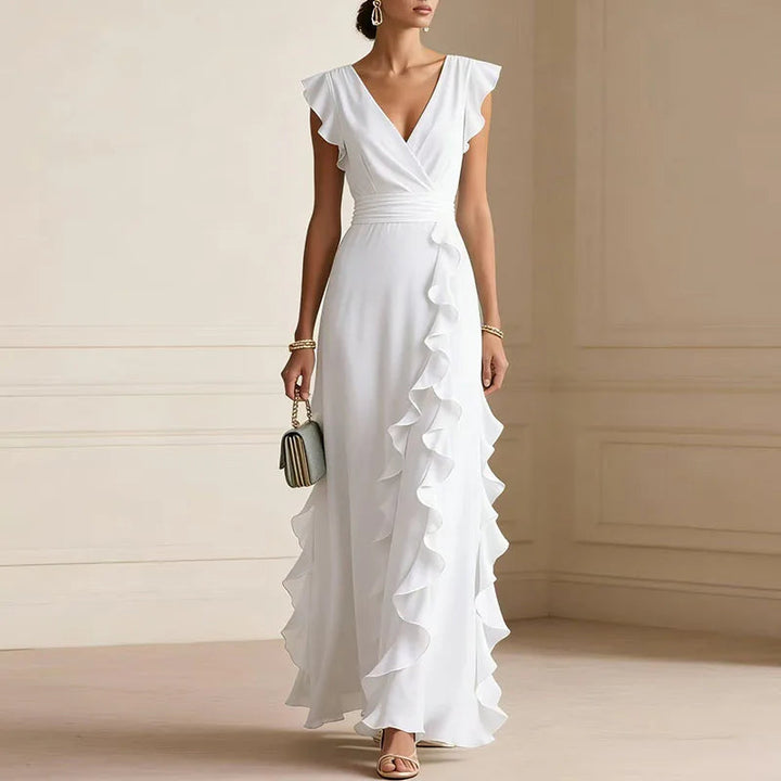 Halcydora | Women's Wedding Guest Elegant Deep V-Neck Ruffle Trim Maxi Dress Dresses — White