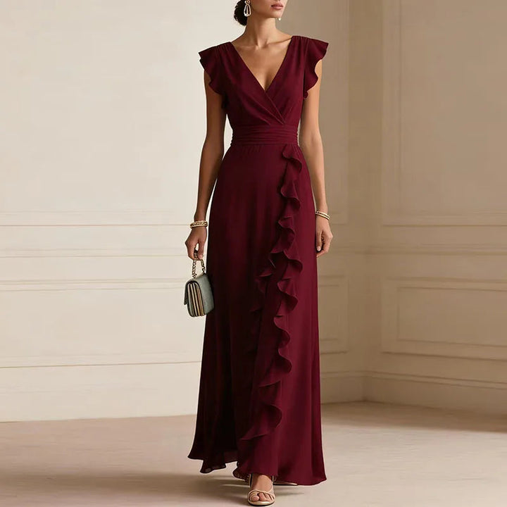 Halcydora | Women's Wedding Guest Elegant Deep V-Neck Ruffle Trim Maxi Dress Dresses — Wine Red