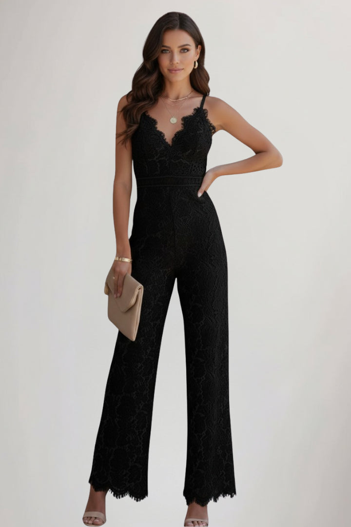 Halcyriel | Women's Wide-Leg Elegant Lace Wide Leg Jumpsuit With V Neck — Black