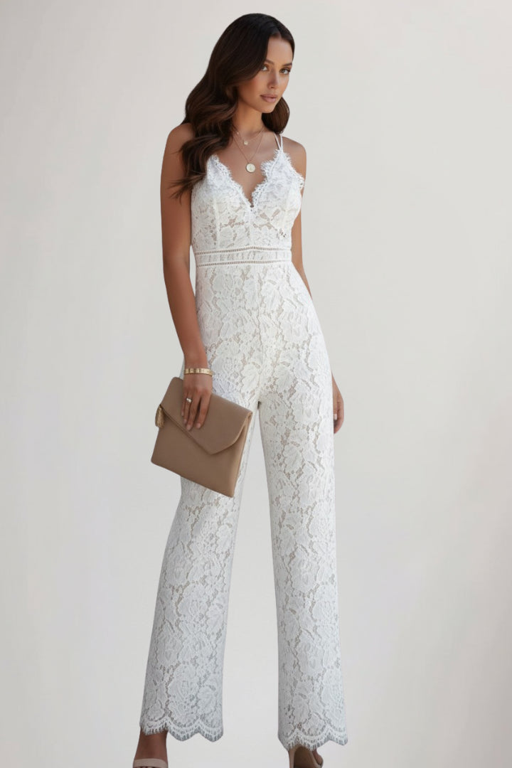 Halcyriel | Women's Wide-Leg Elegant Lace Wide Leg Jumpsuit With V Neck — 2