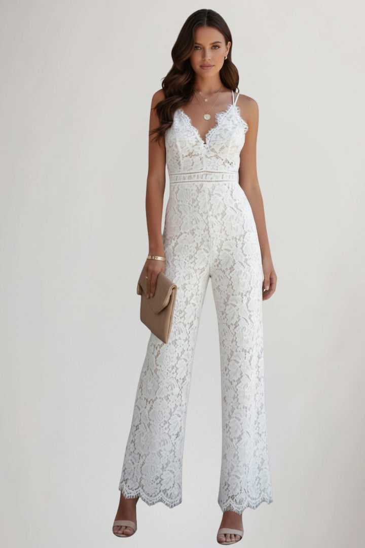Halcyriel | Women's Wide-Leg Elegant Lace Wide Leg Jumpsuit With V Neck — White