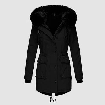 Haleaine | Women's Casual Stretch Faux Fur Hood Parka Coat — Black