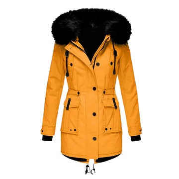 Haleaine | Women's Casual Stretch Faux Fur Hood Parka Coat — Gold