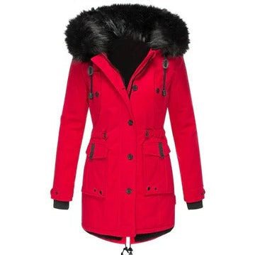 Haleaine | Women's Casual Stretch Faux Fur Hood Parka Coat — Red