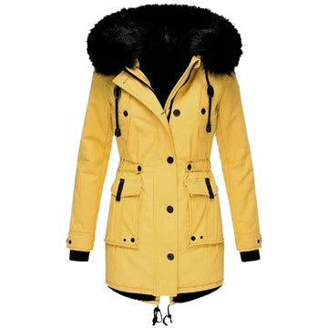 Haleaine | Women's Casual Stretch Faux Fur Hood Parka Coat — Yellow