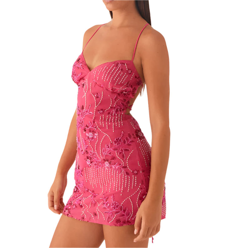 Haleisse | Women's Casual Stretch Sequin Sparkly Mini Dress | Floral Pearl Embellished Cami Dress | Party Dress Top — pink