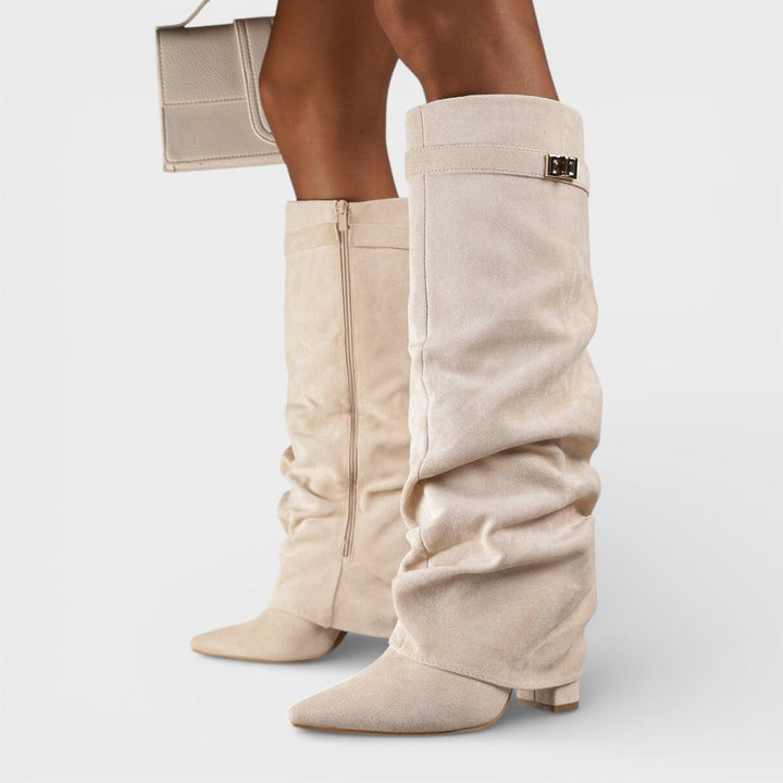 Haleriel | Women's Pointed Toe Slouchy Knee Boots with Metallic Clasp — Beige