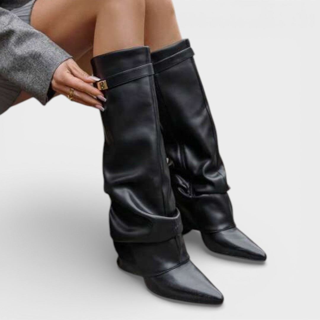 Haleriel | Women's Pointed Toe Slouchy Knee Boots with Metallic Clasp — Black Skin