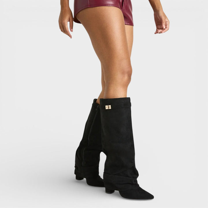 Haleriel | Women's Pointed Toe Slouchy Knee Boots with Metallic Clasp — Black