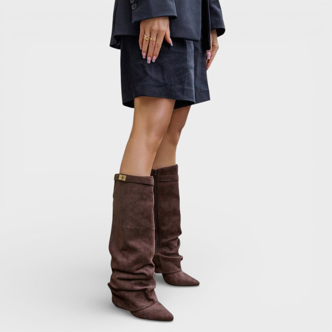 Haleriel | Women's Pointed Toe Slouchy Knee Boots with Metallic Clasp — Dark Brown