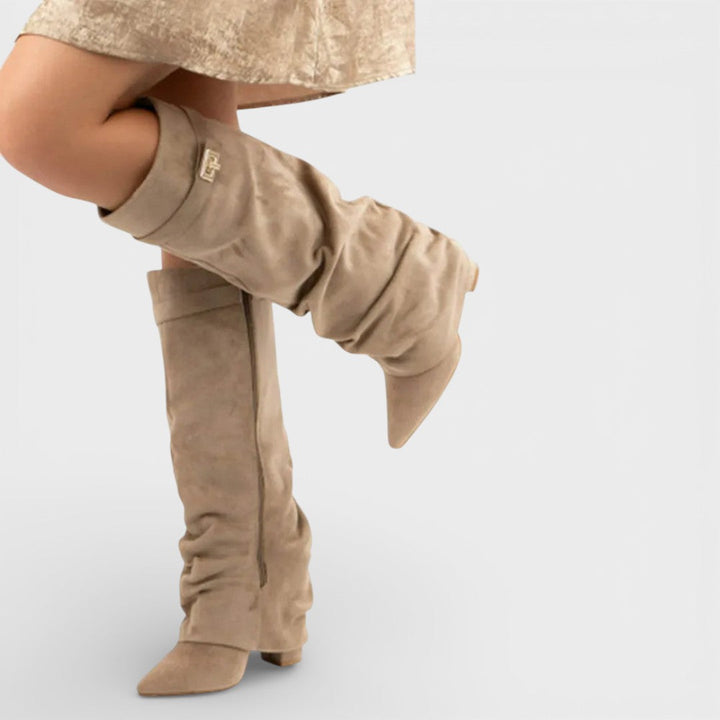 Haleriel | Women's Pointed Toe Slouchy Knee Boots with Metallic Clasp — Light Brown