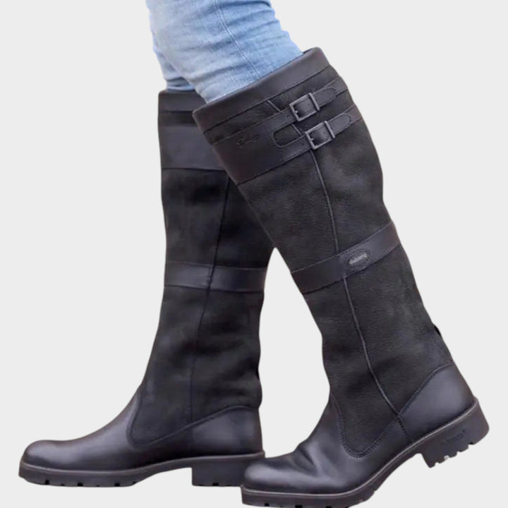 Halestine | Women's Leather Knee High Boots with Buckle Detail — Black