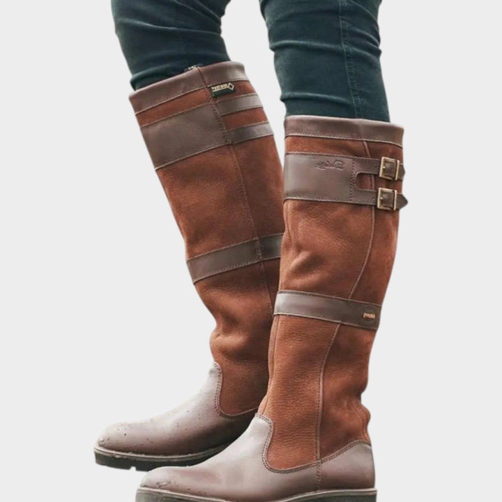 Halestine | Women's Leather Knee High Boots with Buckle Detail — Bronze