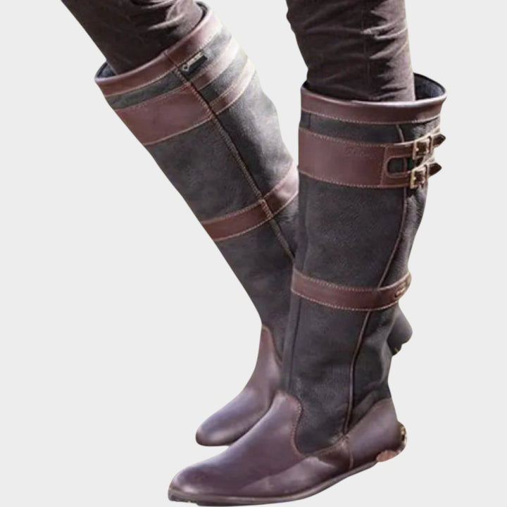 Halestine | Women's Leather Knee High Boots with Buckle Detail — Dark Brown