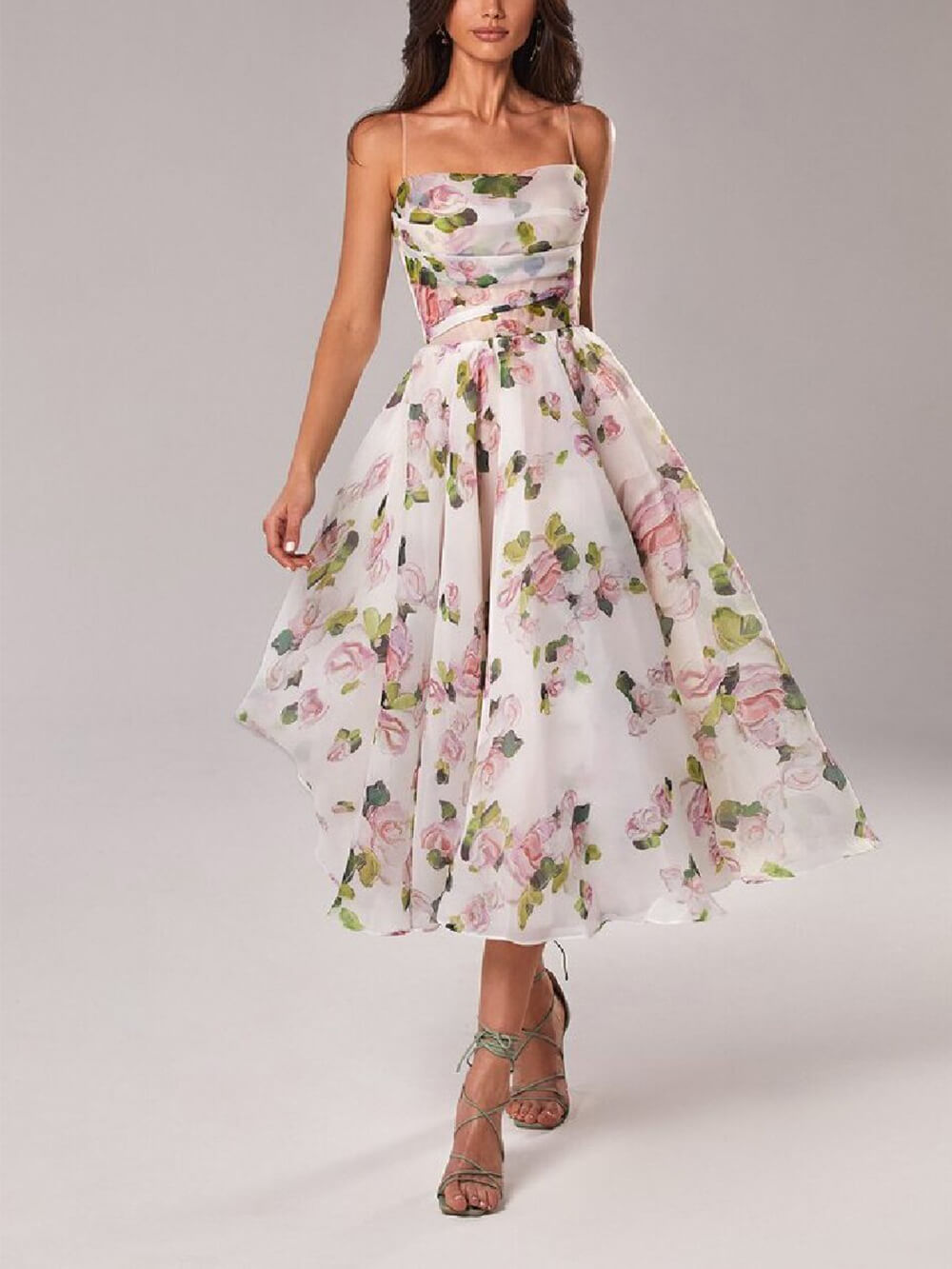 Henriette | Women's Wedding Guest Elegant Floral Spaghetti Strap A-Line Midi Dress Dresses — Pink