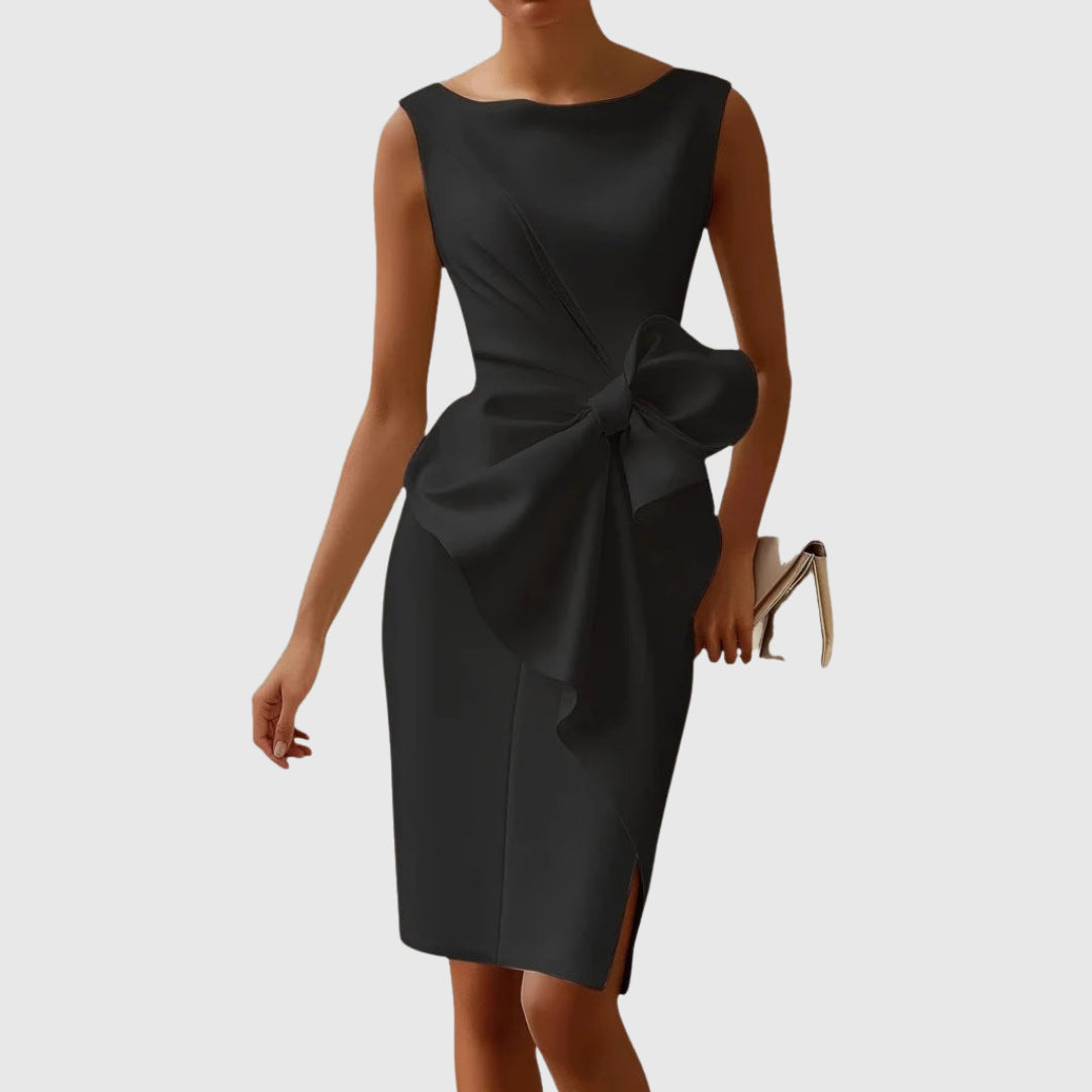 Hermione | Women's Wedding Guest Elegant Sculpted Bow Detail Midi Dress Dresses — Black