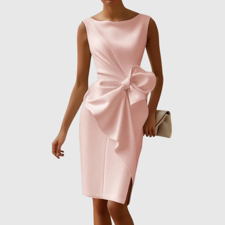 Hermione | Women's Wedding Guest Elegant Sculpted Bow Detail Midi Dress Dresses — Pink