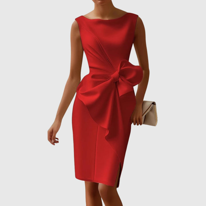Hermione | Women's Wedding Guest Elegant Sculpted Bow Detail Midi Dress Dresses — Red