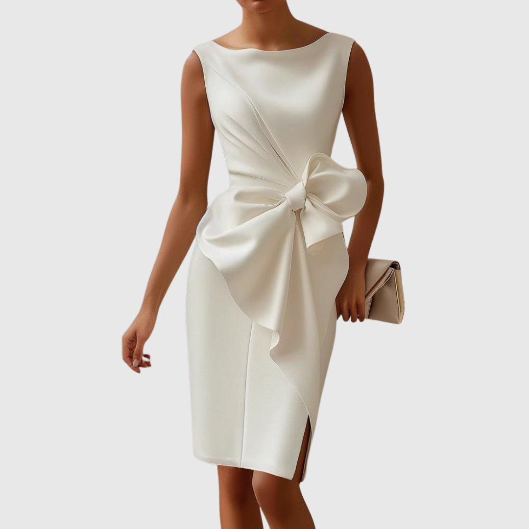 Hermione | Women's Wedding Guest Elegant Sculpted Bow Detail Midi Dress Dresses — White